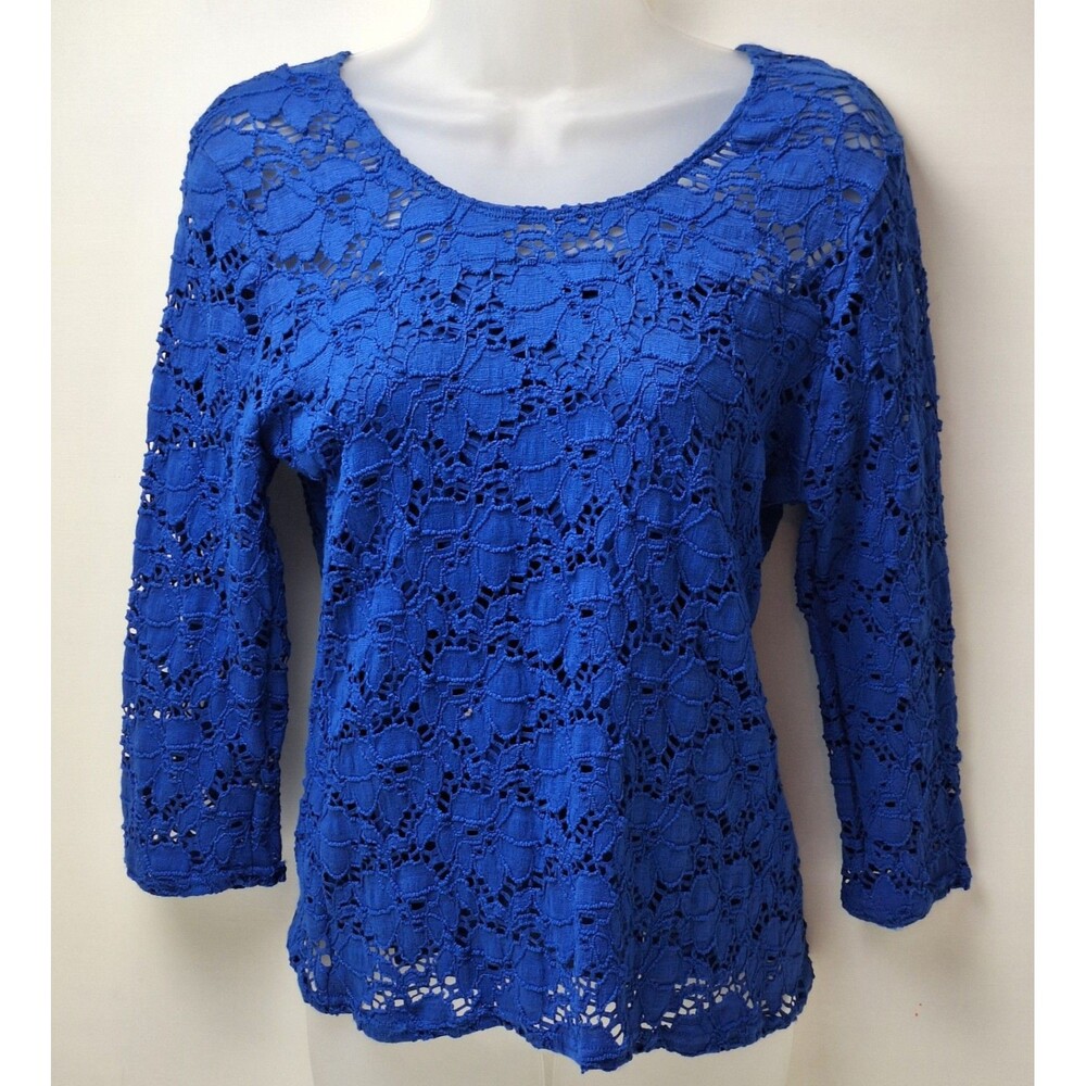 NWT Peck & Peck USA Lace Top Royal Blue Lined Scoop Neck 3/4 Sleeve Women's PXL